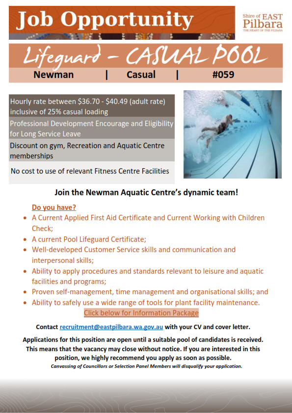 Lifeguard CASUAL POOL Job in Western Australia (WA), Health/Fitness
