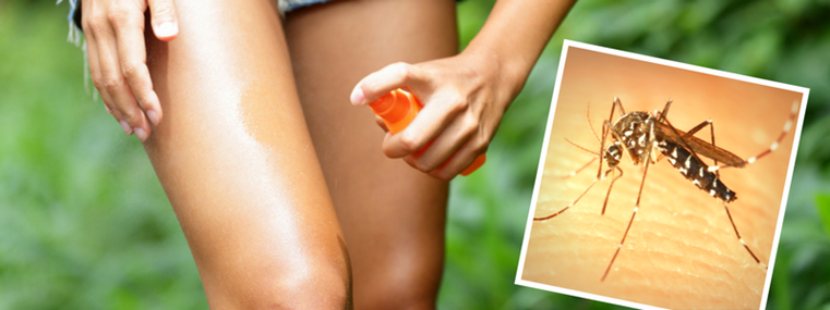 Composite image of person spraying their leg with insect repellent and close up of mosquito on skin 