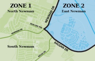 Kerbside rubbish collection zones in Newman, where Zone 1 is North and South Newman and Zone 2 is East Newman, the the boundary being Newman and Kalgan Drive