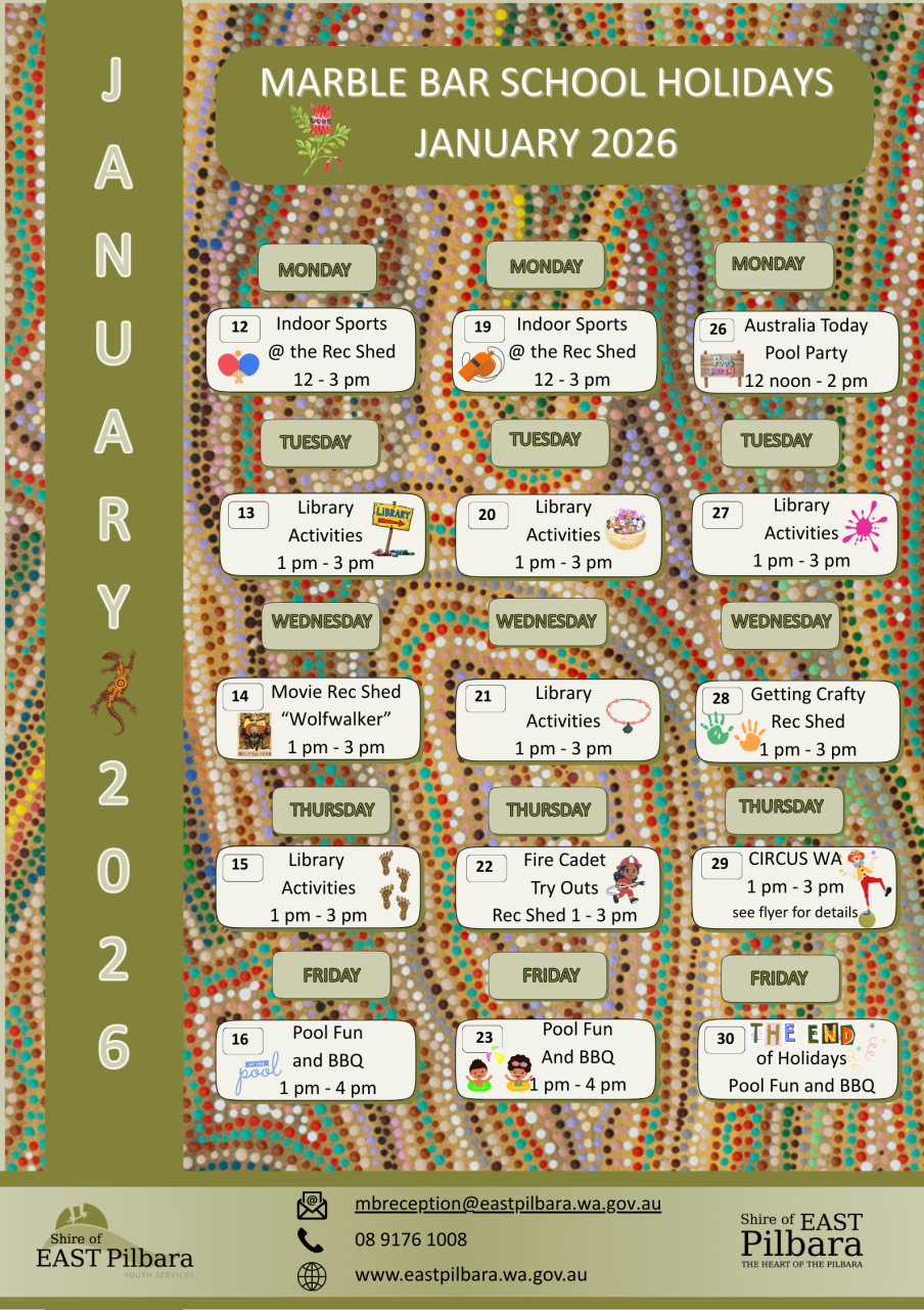 Marble Bar School Holidays January 2026 